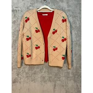 99 Jane Street Cardigan Sweater Small Tan Cherries Grandma Core Twee NWOT